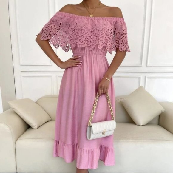 Lace Overplayed ruffled Off shoulder Midi Dress  PINK - Picture 2 of 6